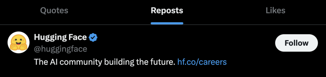 Hugging Face reposted a post we wrote